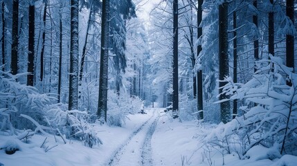 Wall Mural - Snowy Forest Path with Tall Trees