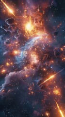 Wall Mural - celestial battle scene with glowing plasma bursts and pulsating star clusters, 4k hyperrealistic pho