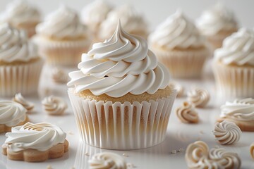 Poster - A single vanilla cupcake with white frosting in the foreground, with other cupcakes and frosting swirls in the background.