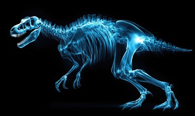 An x ray of skeleton of a dinosaur is shown in a black and white photo