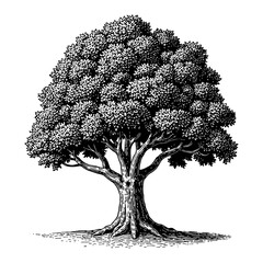big maple tree in vintage style black and white outline line art drawing with detailed leaves