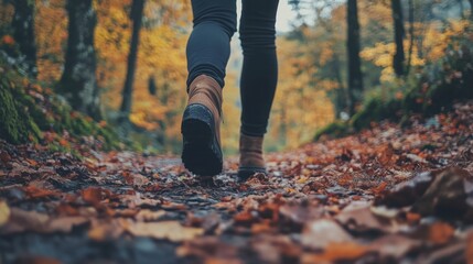 Poster - Amidst a picturesque autumn landscape, a person strolls along a dirt path lined with trees, surrounded by a carpet of colorful leaves. The scenery highlights the beauty of the season.
