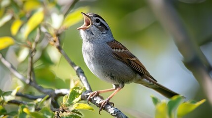 A songbird chirping with its beak open, in a natural setting.