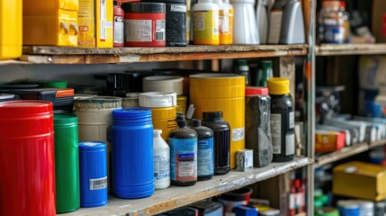 Various household hazardous waste containers, such as cleaning products and batteries, organized for disposal.