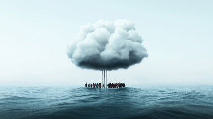 Canvas Print - Conceptual image of a group of people standing on a platform in the ocean, with large cloud above supported by vertical pillars. The scene is surreal and thought-provoking.