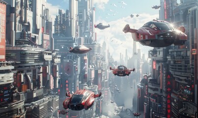 Wall Mural - futuristic cityscape featuring flying vehicles, 4k hyperrealistic photo