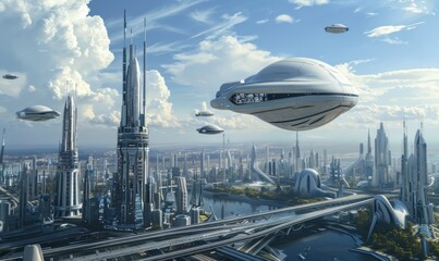 Wall Mural - futuristic cityscape with flying cars, 4k hyperrealistic photo