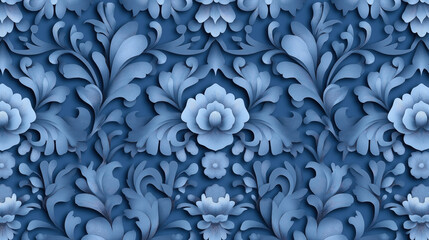 Poster - Seamless blue decorative floral pattern with intricate leaf and flower designs showcasing a detailed, elegant texture.