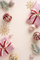 elegant vertical christmas scene with pink gifts, ribbon bows, and festive ornaments. perfect for ho