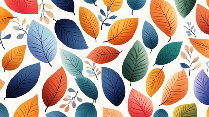 Wall Mural - Seamless pattern featuring colorful leaves in various shapes and sizes, with shades of blue, green, orange, and red on a light background.