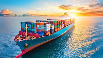 Container Cargo freight ship on sunset sky background