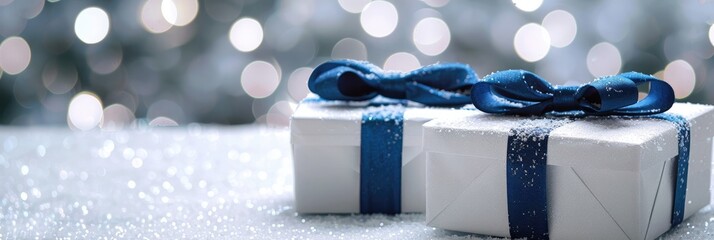 Close-Up of Two Christmas Gift Boxes with Bows Against Bright Bokeh Background