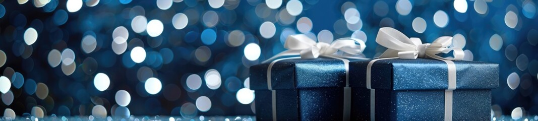 close-up of two christmas gift boxes with bows against bright bokeh background