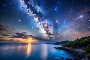 Poster - starry night sky over calm ocean landscape