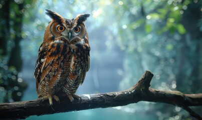 Majestic owl perched on a branch, 4K hyperrealistic photo