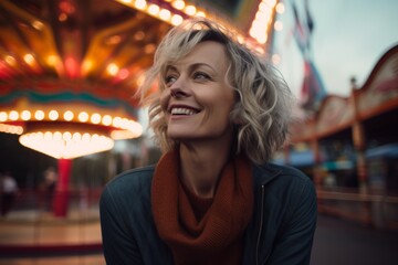 Portrait of a blissful woman in her 50s wearing a cozy sweater isolated in vibrant amusement park