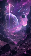 Wall Mural - galactic outpost in a neon-lit asteroid belt, 4k hyperrealistic photo
