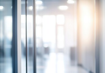 Wall Mural - Blurred image of a modern office corridor with soft light and glass reflections.