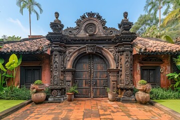 A beautifully detailed ancient temple entrance featuring intricate carvings and surrounded by lush tropical plants under a clear blue sky