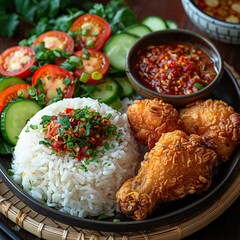 Poster - A plate of fried chicken drumsticks, white rice, cucumber, tomatoes, and chili sauce.