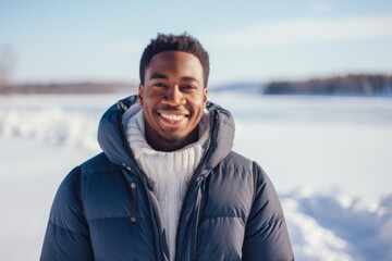 Sticker - Portrait of a smiling afro-american man in his 20s dressed in a thermal insulation vest over backdrop of a frozen winter lake