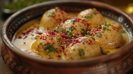 Poster - Close-up of a bowl of creamy, round dessert topped with chopped pistachios and red sprinkles.