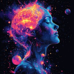 Wall Mural - Abstract profile of a woman with a glowing brain surrounded by cosmic elements, symbolizing imagination, creativity, and the universe Generative AI
