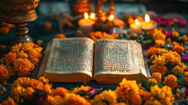 Bhagavad Gita open with Sanskrit text, placed on a colorful altar decorated with marigold flowers and candles.