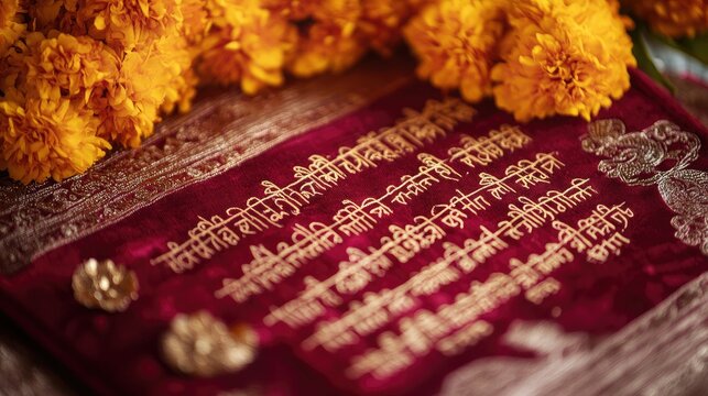 Bhagavad Gita with beautifully scribed Sanskrit text on a red velvet cloth, adorned with marigold flowers and sacred symbols.