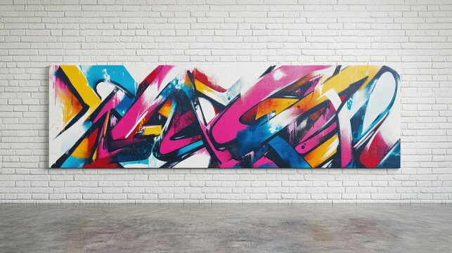 Bold title graffiti art sprawls across a white brick wall, offering ample room for text or images to complement the vibrant colors.