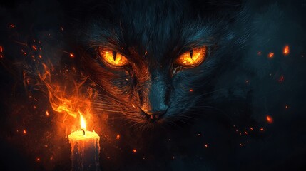 Black Cat with Burning Eyes and Candle