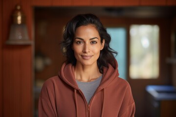 Canvas Print - Portrait of a jovial indian woman in her 30s wearing a zip-up fleece hoodie in front of serene meditation room