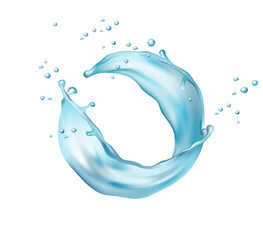 Aufkleber - Clean water splashes, transparent aqua swirls, falling water drops. Pure mineral water splatter, circle with bubbles, splashing texture motion. Fresh drink splitter, purity flow vector illustration