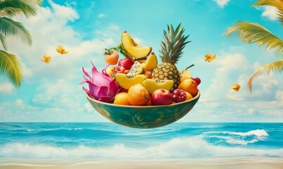 Wall Mural - Tropical fruits bowl over ocean beach.