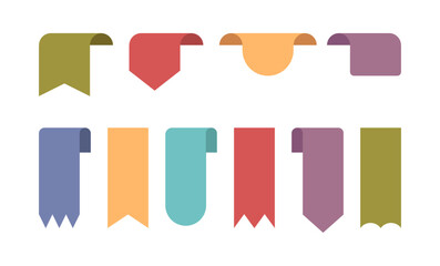 Poster - Shopping paper or fabric empty web banners. Vector isolated icons of tags, set of tapes for advertising. Ribbons for advertisement, material for message or announcement, vertical labels