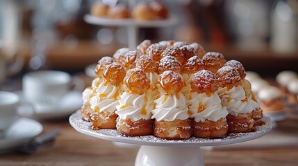 Poster - A close-up of a delicious pastry dessert with whipped cream, caramel sauce, and powdered sugar.