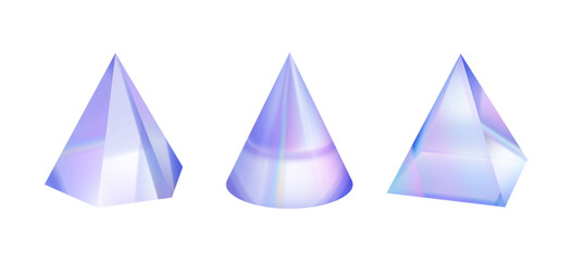 Wall Mural - Transparent triangles 3D glass holographic objects. Vector isolated set of gradient figures, holographic background illustration. Creative geometry shapes, trendy hologram isolated on white