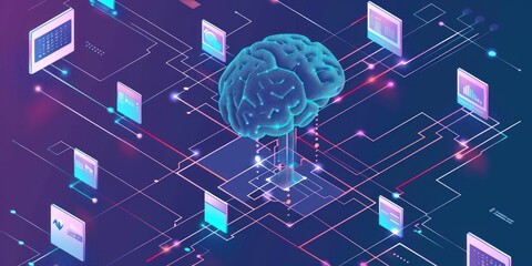 Wall Mural - Digital brain with data network connections over a purple and blue background. Concept of machine learning, data processing, and artificial intelligence.