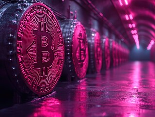 Glowing bitcoin symbols in futuristic pink neon underground setting