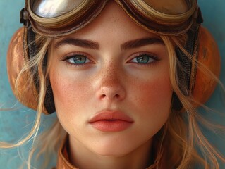 Vintage pilot girl with freckles and goggles against blue background