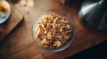 Wall Mural - Homemade granola with apples prepared in a glass bowl on a wooden countertop during bright kitchen daylight