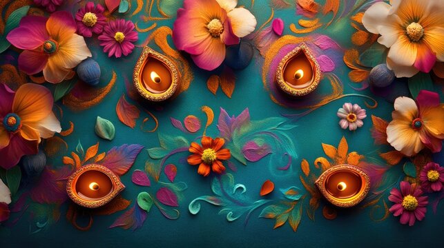 Diwali greeting text in a stylish font with a background of colorful Rangoli designs, oil lamps, and floral arrangements