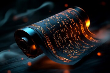 Poster - 3D-rendered ancient scroll of Eastern poetry, with realistic textures of the parchment and ink, floating in a virtual space, illuminated by soft, glowing light