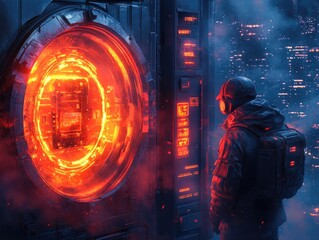 Futuristic cityscape with neon portal and cyber traveler in dystopian landscape