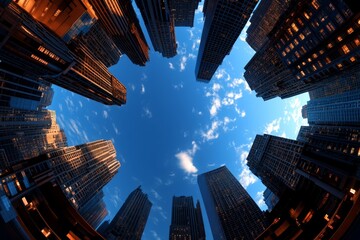 Poster - 3D-rendered panoramic landscape of a digital city, with realistic lighting, tall skyscrapers, and dynamic camera angles showing the depth and scale of the environment