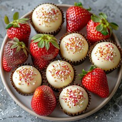 Poster - Close-up shot of a white chocolate truffles and strawberries on a plate.