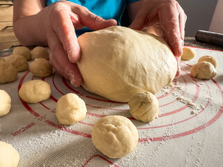 Female baker kneads dough with flour, preparation recipe homemade bread