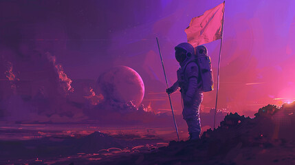Wall Mural - an astronaut planting a flag on a distant exoplanet under a purple sky.