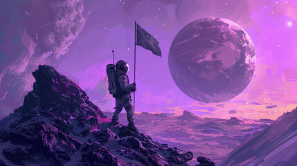 Wall Mural - an astronaut planting a flag on a distant exoplanet under a purple sky.