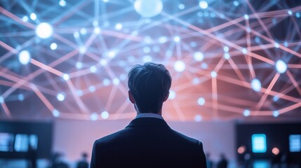 Poster - a person in a suit observing a digital network of connections during a technology event at night